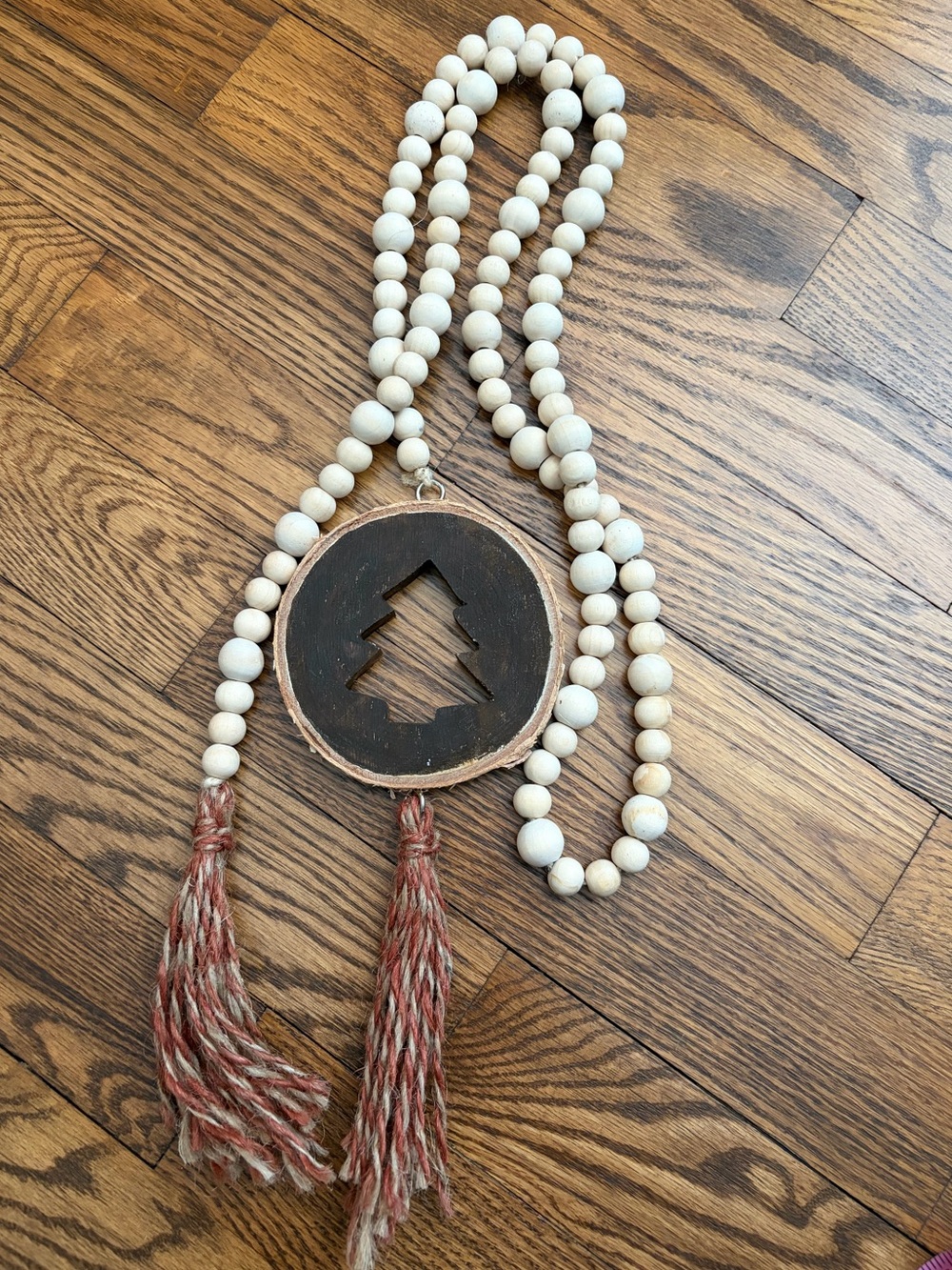 Christmas Wood Bead Round Tree Ornament Tassel Garland Holiday Decor